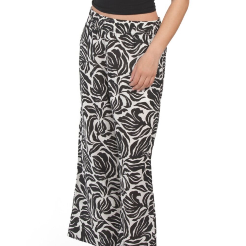 NWT NICOLE MILLER NEW YORK 100% Linen Floral Printed Wide Leg Pull on Pants